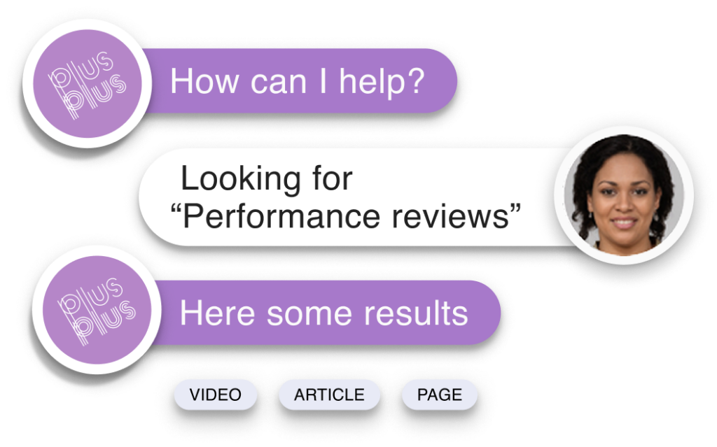 Surface: A new hire searches “performance reviews” and finds a past training, policy doc, and short video — all in one place.